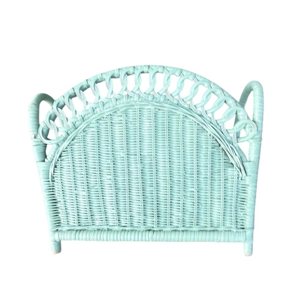 Vintage 1980s Seafoam Green Wicker Magazine Basket Boho Cottage Storage